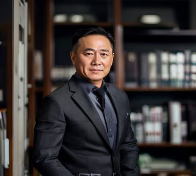 探花网创始人陈维的工作照，在办公室书架前自信地看向镜头，着深色商务休闲装，展现出专业与亲和并存的领导者气质