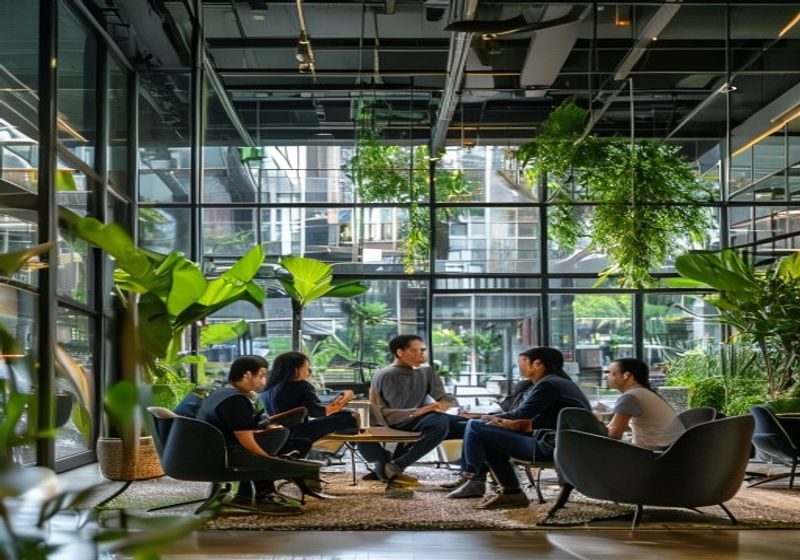 探花网团队成员在现代化开放式办公室内围坐交流，背景是落地玻璃窗与绿植，氛围专注而充满活力，体现探花网专业内容团队的协作文化