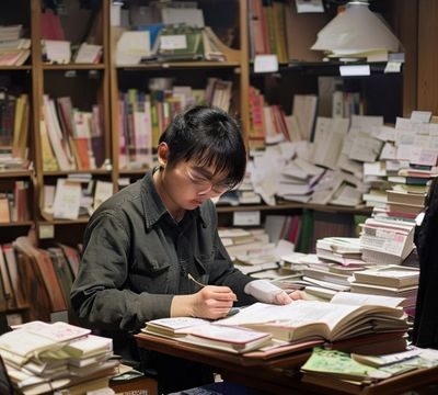 探花网首席内容官林晓在工作台前翻阅书籍，桌上摆放着满满的文稿与便利贴，展现出对内容品质一丝不苟的工作态度